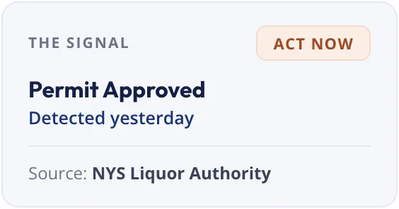 Signal panel: Permit approved, detected yesterday, source NYS Liquor Authority